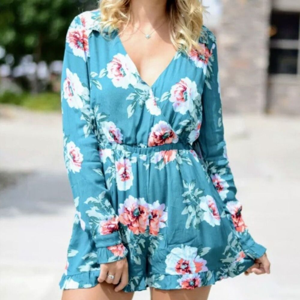 MINKPINK Floral Teal Long Sleeve Romper Large